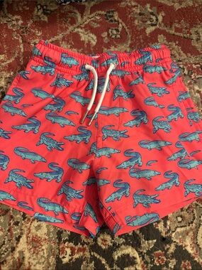 Kids Coral Swim Trunks with Blue Alligator Print